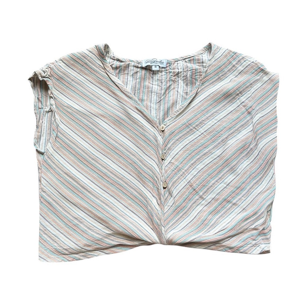 Magnolia Boutique Striped Tie Front Crop Top Womens Small V-Neck Button Blouse